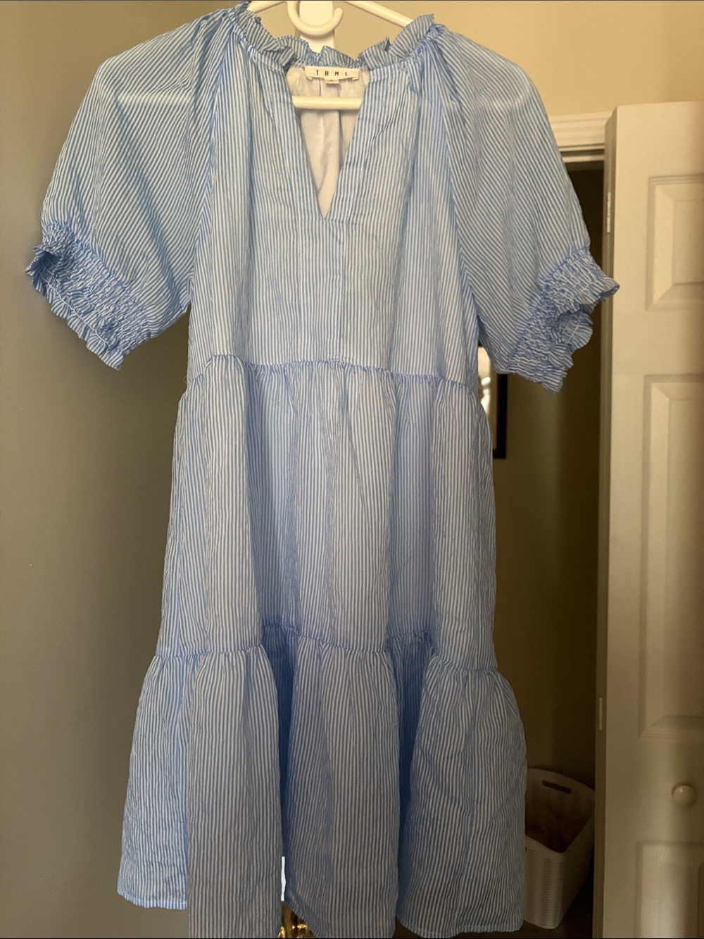 THML Blue & White Striped Tiered Puff-Sleeve Dress